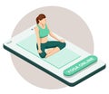 Isometric sporty young woman doing yoga practice. Fitness instructor taking online yoga classes over a video call in