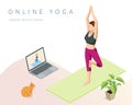 Isometric sporty young woman doing yoga practice. Fitness instructor taking online yoga classes over a video call in