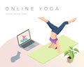 Isometric sporty young woman doing yoga practice. Fitness instructor taking online yoga classes over a video call in