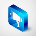 Isometric Spread the word, megaphone icon isolated on grey background. Blue square button. Vector Illustration Royalty Free Stock Photo