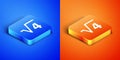 Isometric Square root of 4 glyph icon isolated on blue and orange background. Mathematical expression. Square button