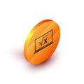 Isometric Square root of x glyph on chalkboard icon isolated on white background. Mathematical expression. Orange circle