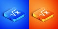 Isometric Square root of x glyph icon isolated on blue and orange background. Mathematical expression. Square button