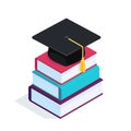 Isometric stack of books with a graduate cap.
