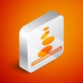 Isometric Stack hot stones icon isolated on orange background. Spa salon accessory. Silver square button. Vector Royalty Free Stock Photo