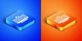 Isometric Stack of pancakes icon isolated on blue and orange background. Baking with syrup and cherry. Breakfast concept