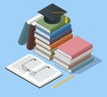 Isometric stacks of books and diploma on white background. Knowledge, learning and education concept