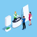 Isometric promotional booth with promoter.