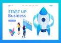 Isometric start up of a business project, a business woman working on a virtual screen. Landing page concepts and web design