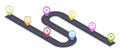 Isometric 8 steps timeline road navigation. Winding road infographic, city map timeline road, roadmap pathway 3d vector