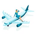 Isometric stewardess sits on the airplane. Beautiful girl in colorful clothes, uniform, makeup, hairstyle. A