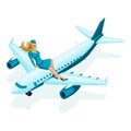 Isometric stewardess sits on the airplane. Beautiful girl in colorful clothes, uniform, makeup, hairstyle. A