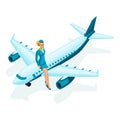 Isometric stewardess sits on the airplane. Beautiful girl in colorful clothes, uniform, makeup, hairstyle. A woman in her