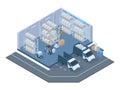 Isometric storage building, modern warehouse interior. Storage forklift trucks, pallet trolley, shelves and delivery Royalty Free Stock Photo