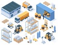 Isometric storage buildings, cargo trucks and warehouse workers. Industrial warehouse equipment, logistic delivery