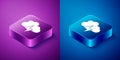 Isometric Storm icon isolated on blue and purple background. Cloud and lightning sign. Weather icon of storm. Square Royalty Free Stock Photo