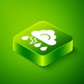 Isometric Storm icon isolated on green background. Cloud and lightning sign. Weather icon of storm. Green square button Royalty Free Stock Photo