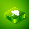 Isometric Storm icon isolated on green background. Cloud and lightning sign. Weather icon of storm. Green square button Royalty Free Stock Photo