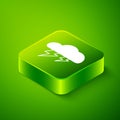 Isometric Storm icon isolated on green background. Cloud and lightning sign. Weather icon of storm. Green square button Royalty Free Stock Photo