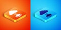 Isometric Storm icon isolated on orange and blue background. Cloud and lightning sign. Weather icon of storm. Vector Royalty Free Stock Photo