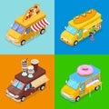 Isometric Street Food Trucks with Pizza, Cafe, Hot Dog and Donuts