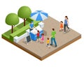 Isometric Street Ice Cream Cart with Awning. Ice Cream Cart Sweet Frozen Food Kiosk. Ice Cream Cool Cart Summer Shop