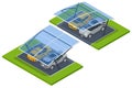 Isometric street roof of outdoor parking lot. Outdoor of parking garage with car and vacant parking lot in parking