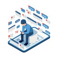 Isometric Stressed Businessman Overwhelmed by Online Notifications Royalty Free Stock Photo