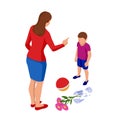 Isometric Strict mother scolds her son for a broken vase while playing football. The boy pleads guilty. Misbehavior and