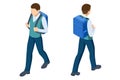 Isometric student in school uniform goes to school with a backpack Education. The beginning of a new school year