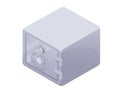 Isometric sturdy metal safe with a combination dial lock. Rectangular shape. Gray surface with shading. Secure storage unit with