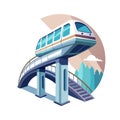 Isometric illustration of an elevated monorail train with city landscape background on a white background Royalty Free Stock Photo