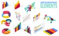 Isometric style infographics with data icons, world map charts and design elements. Royalty Free Stock Photo