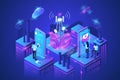 Isometric style vector illustration with latest modern technology. Cell tower and satellite for communication and gps Royalty Free Stock Photo