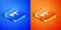 Isometric Submachine gun M3, Grease gun icon isolated on blue and orange background. Square button. Vector