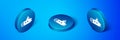 Isometric Submarine icon isolated on blue background. Military ship. Blue circle button. Vector