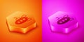 Isometric Submarine toy icon isolated on orange and pink background. Hexagon button. Vector