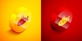 Isometric Submarine toy icon isolated on orange and red background. Circle button. Vector