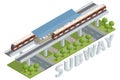 Isometric Subway City Train, Sky Train Road. Sky Train Station. Modern City Public Transport.