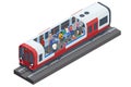 Isometric Subway underground train. People Passangers In Subway. Commuting passengers.