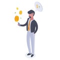 Isometric successful businessman. Money investment, profit strategy, financial analysis and money savings concept flat vector