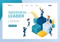 Isometric successful leader on the podium with a prize, the team enjoys success. Template landing page