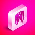 Isometric Suit icon isolated on pink background. Tuxedo. Wedding suits with necktie. Silver square button. Vector