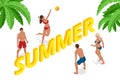 Isometric summer beach volleyball concept. Group of friends playing beach volley. Summer beach activities. Royalty Free Stock Photo