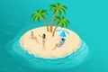 Isometric summer illustration with a paradise island for a travel company, advertising a holiday with 3D sun-tanned girls