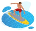 Isometric Summer Surfer. Surfer on Blue Ocean Wave Isolated on white background. Royalty Free Stock Photo