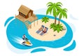 Isometric Summer Vacation concept. Summer time. Luxury overwater thatched roof bungalow in a honeymoon vacation resort