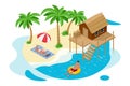 Isometric Summer Vacation concept. Summer time. Luxury overwater thatched roof bungalow in a honeymoon vacation resort Royalty Free Stock Photo