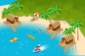 Isometric Summer Vacation concept. Summer time. Luxury overwater thatched roof bungalow in a honeymoon vacation resort