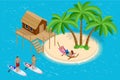 Isometric Summer Vacation concept. Summer time. Luxury overwater thatched roof bungalow in a honeymoon vacation resort